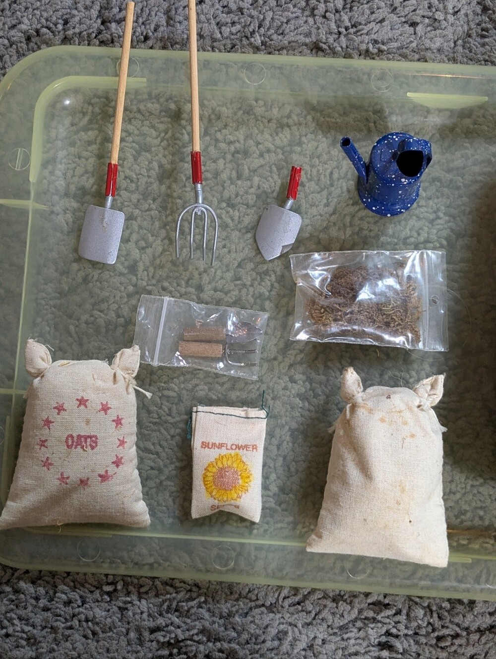 Vintage 10pc Miniature Handmade Barn Garden Set Tools Enamel Watering Can Sacks